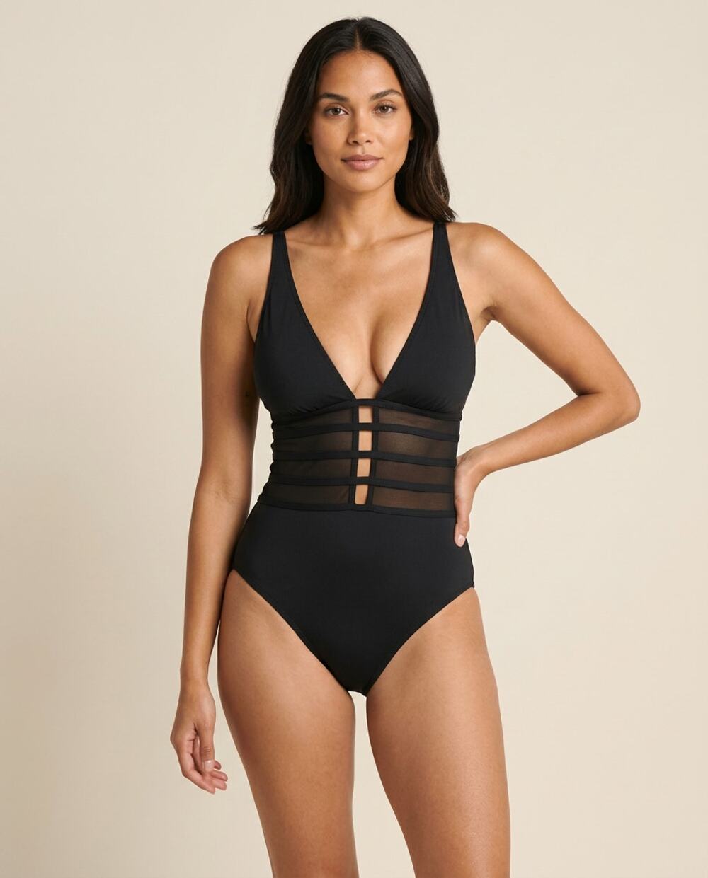 La Blanca Island Goddess Over the Shoulder Mesh One Piece Black Size 4